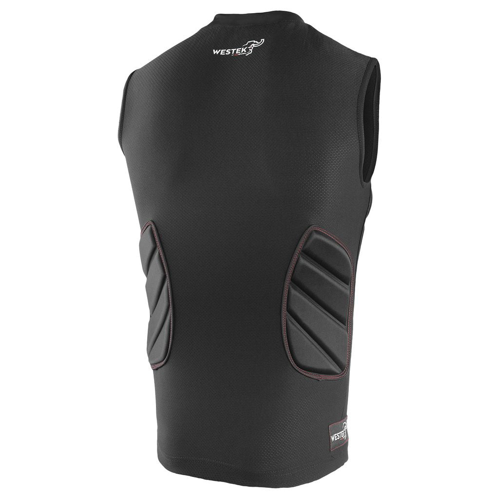 Black sleeveless padded shirt with red stitching, back view
