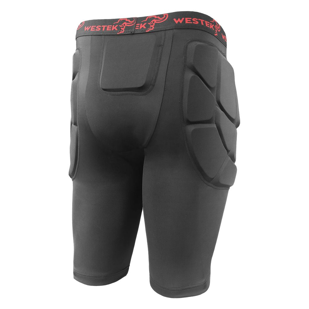 Black protective shorts with Westek branding, back view