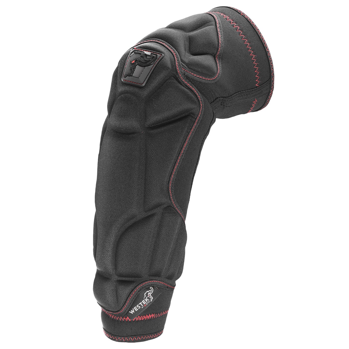 Black protective elbow pad with red stitching