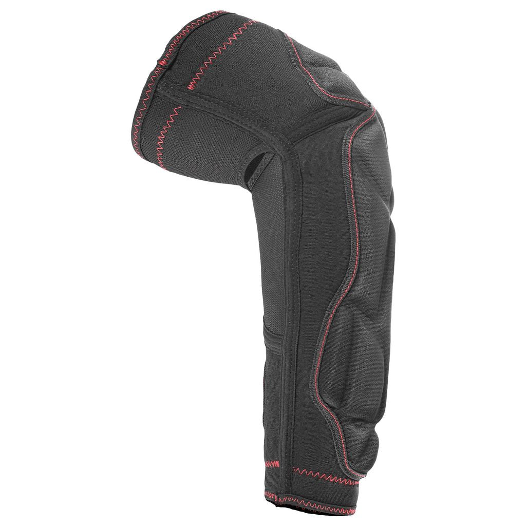 Black protective elbow pad with red stitching