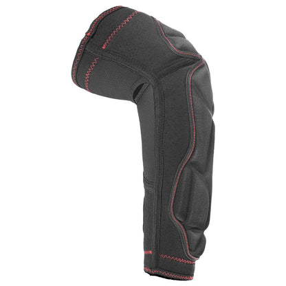 Black protective elbow pad with red stitching