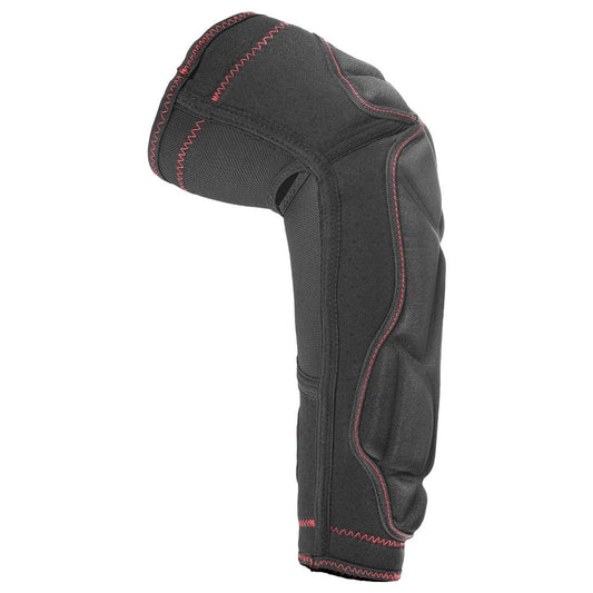 Black protective elbow pad with red stitching