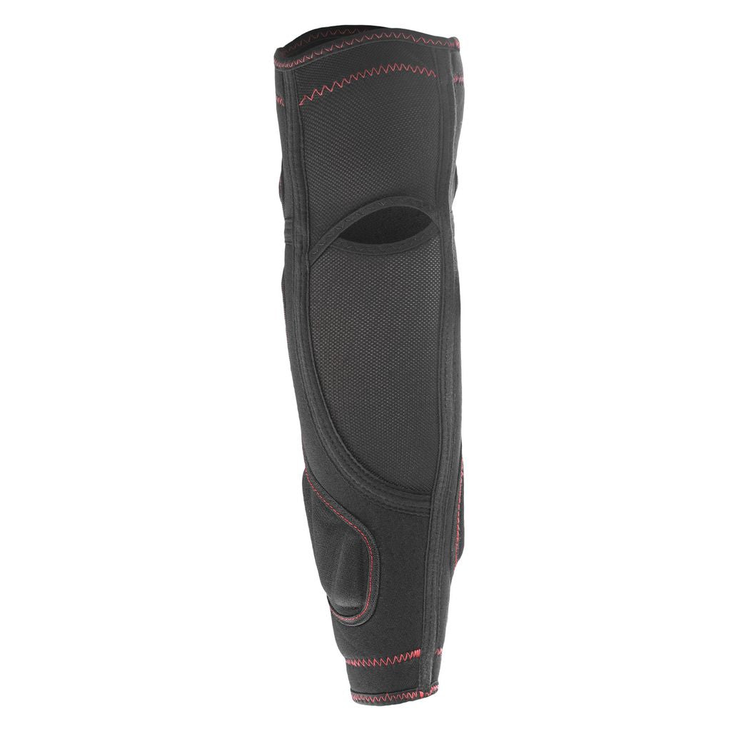 Black protective elbow pad with red stitching back view