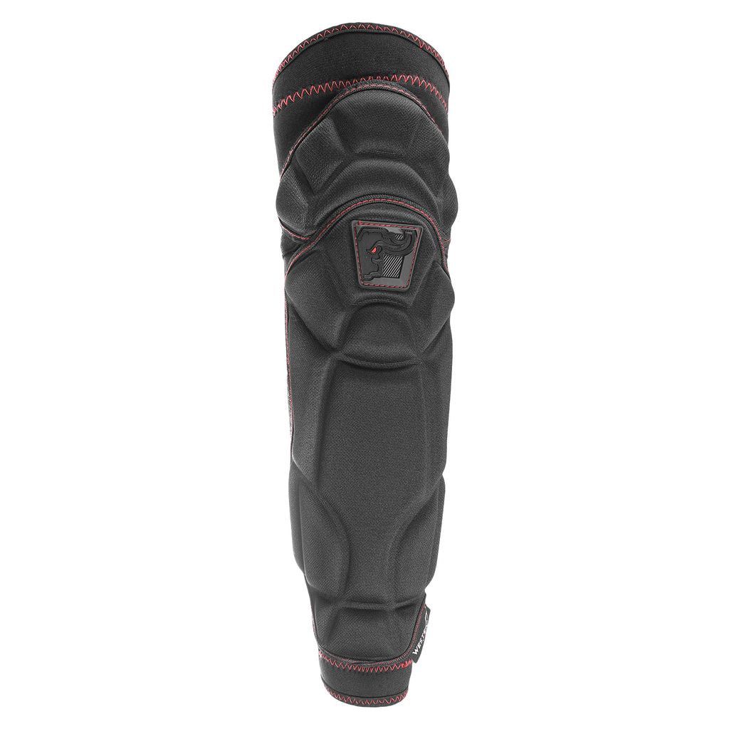 Black protective elbow pad with red stitching front view
