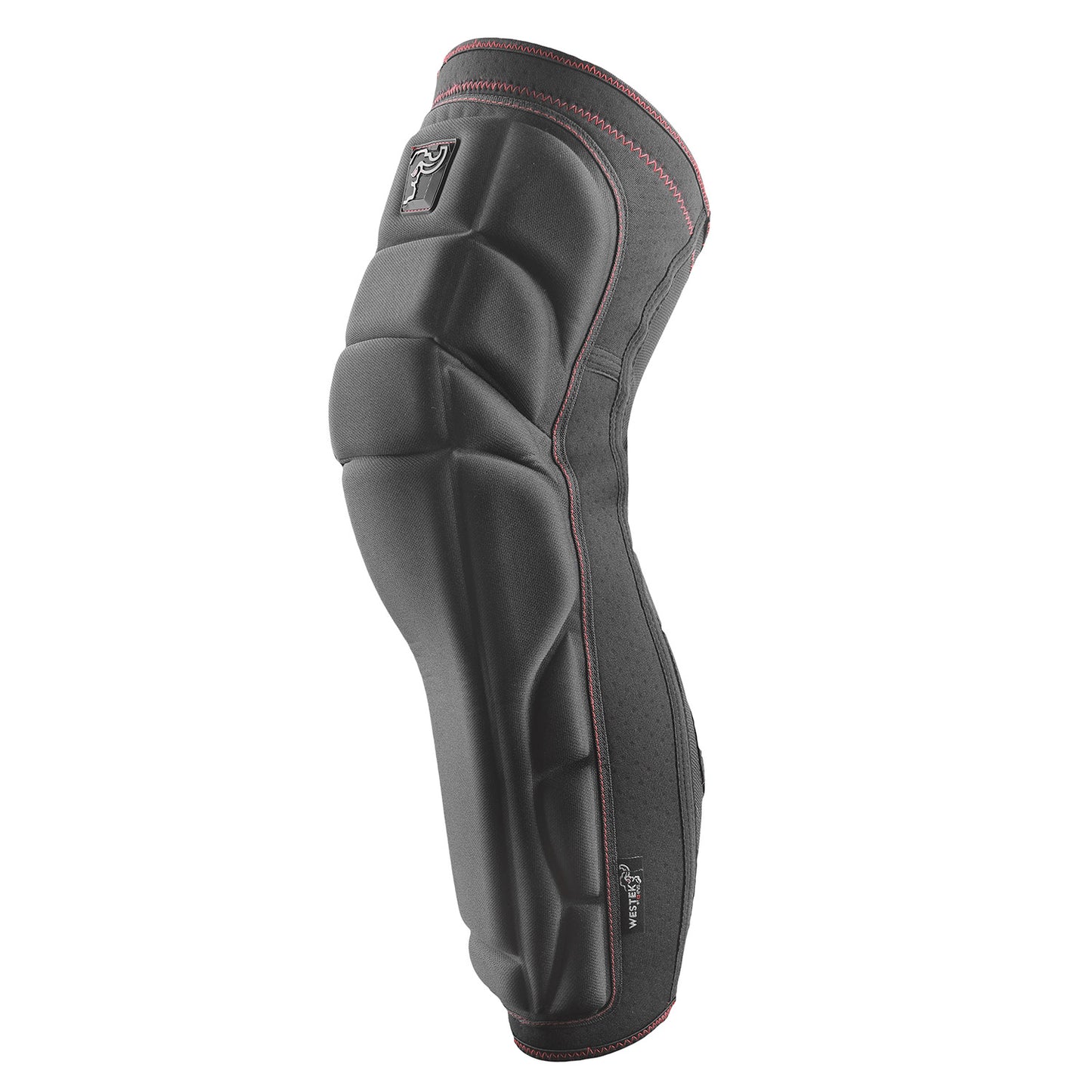 Black knee pad with red stitching, side view