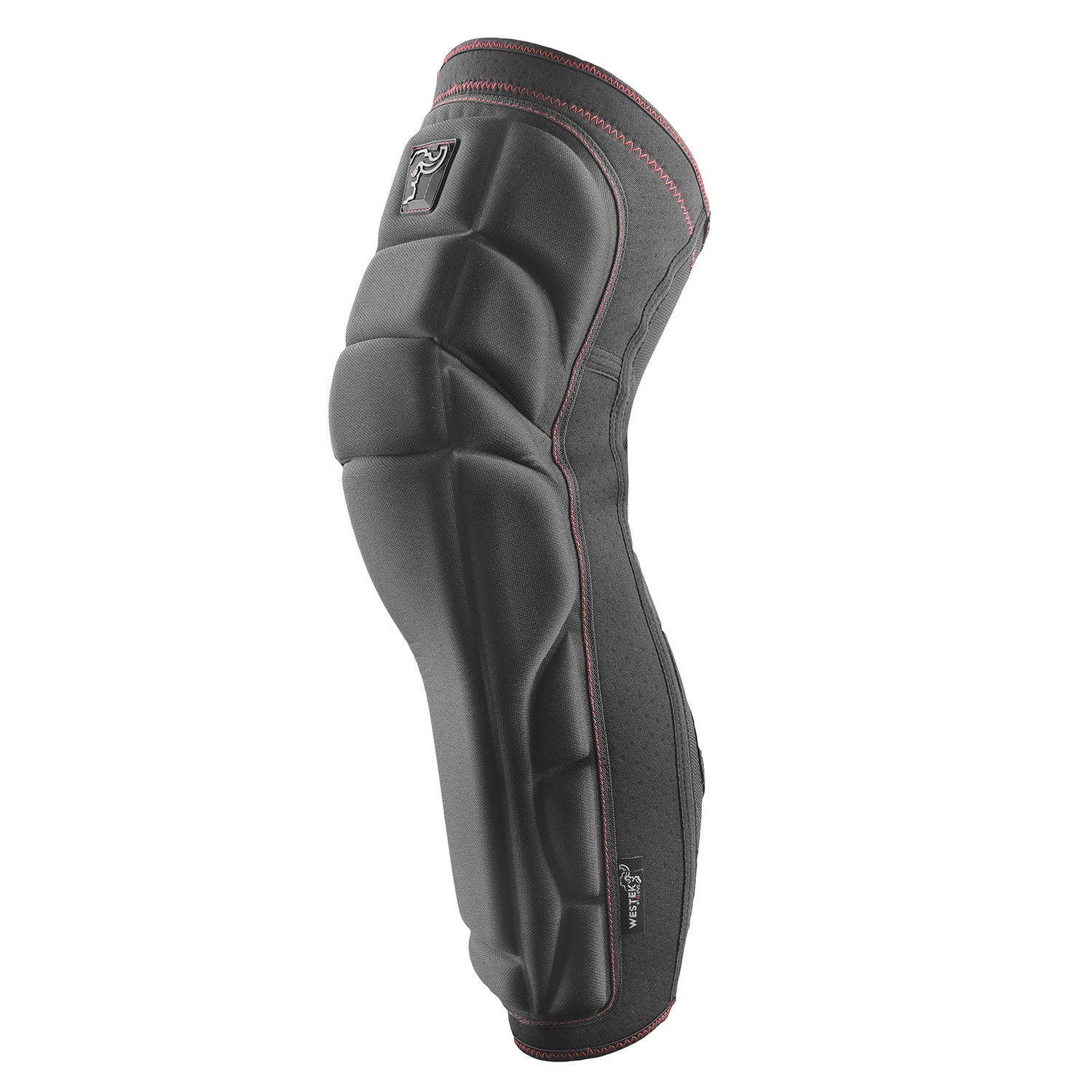 Black knee pad with red stitching, side view