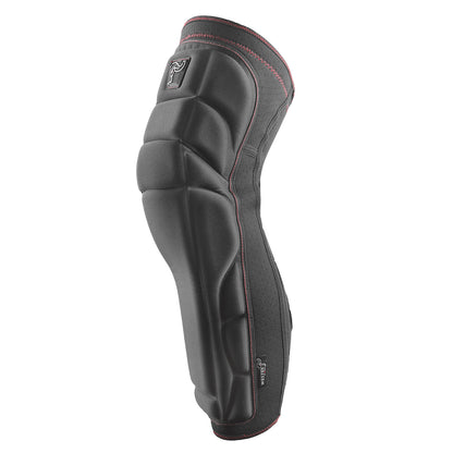 Black knee pad with red stitching, side view