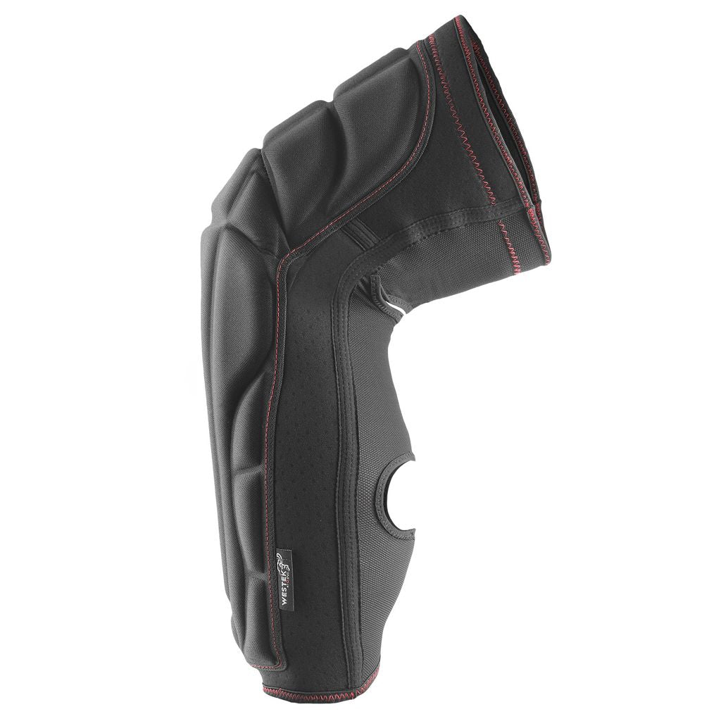 Black knee pad with red stitching, side view