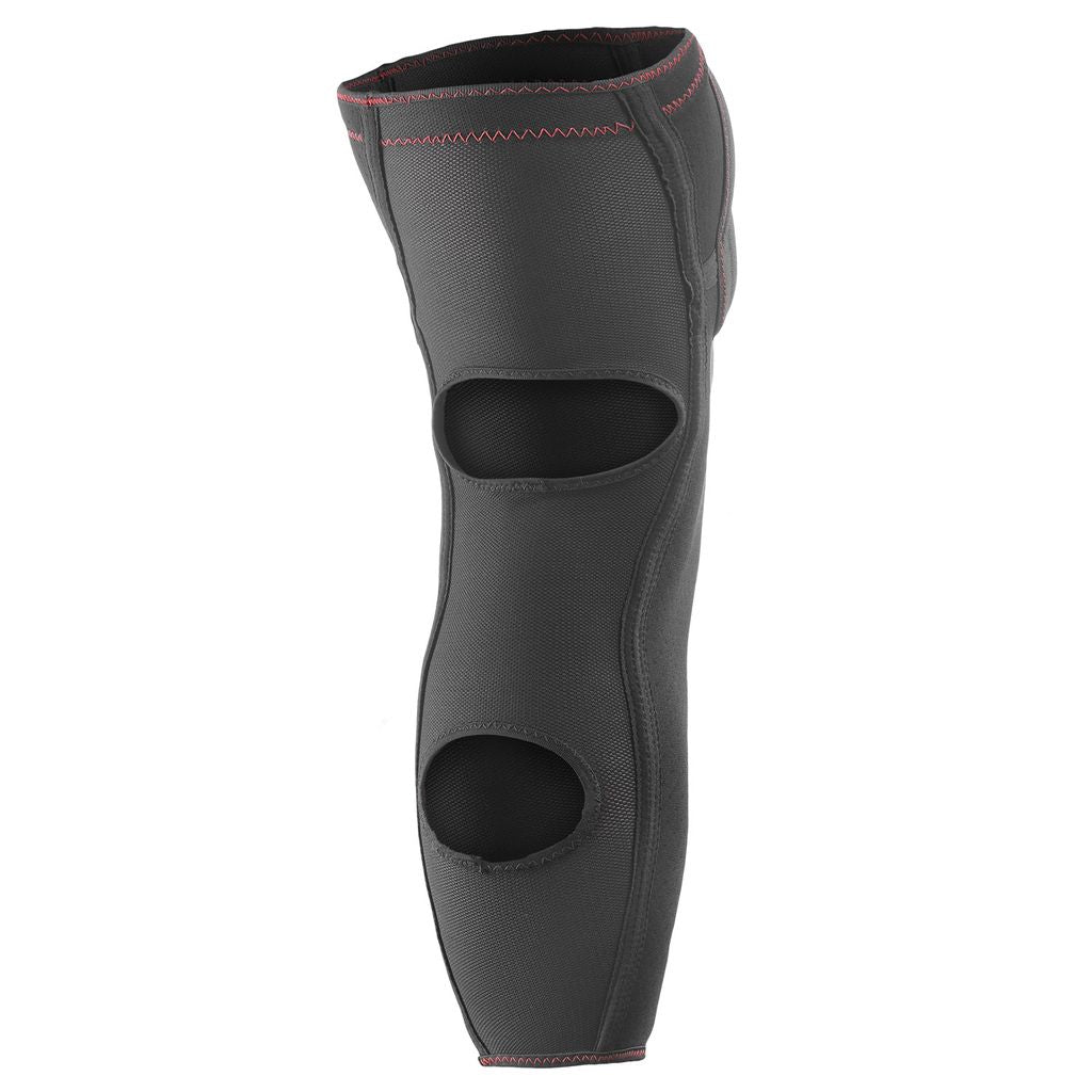 Black knee pad with red stitching, back view
