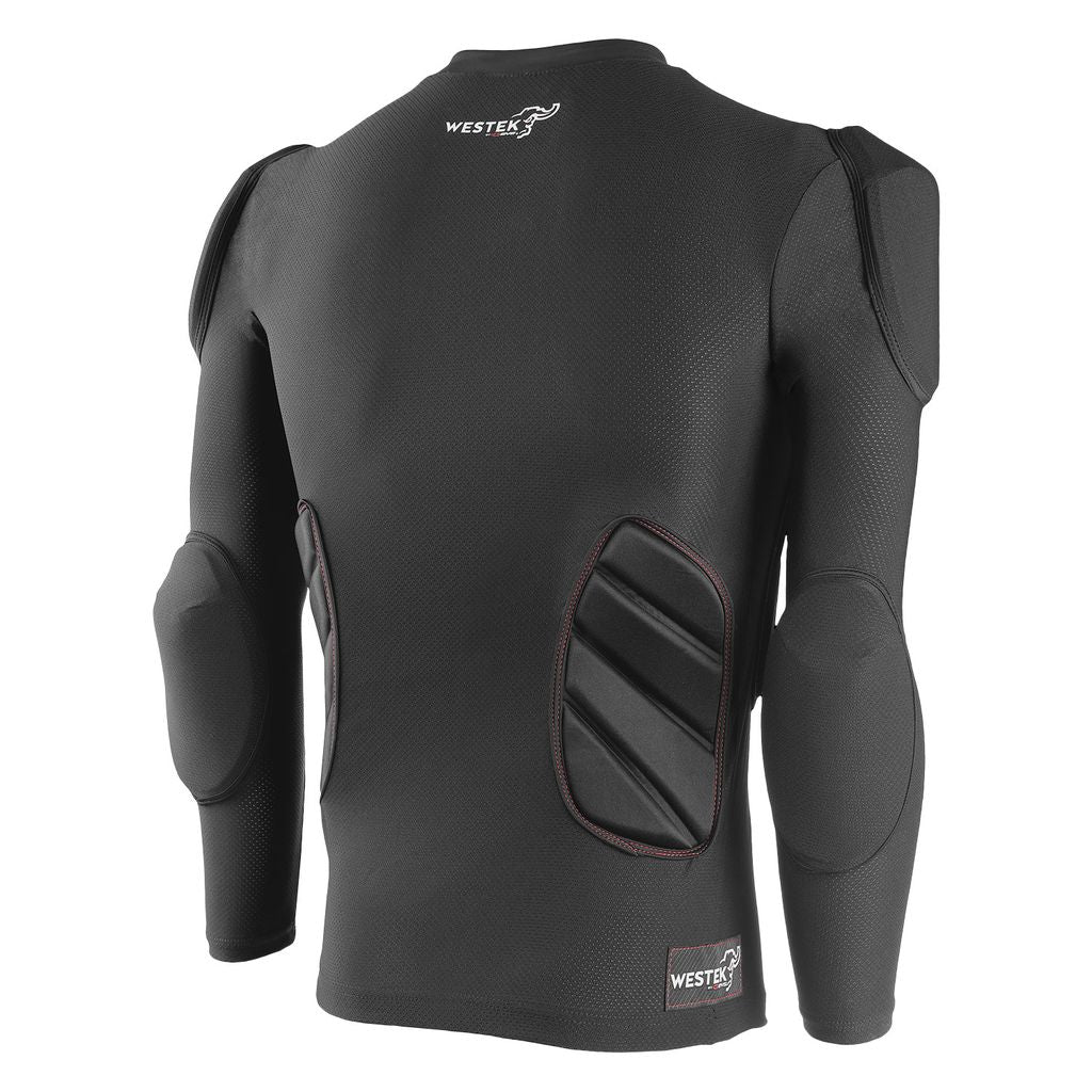 Black protective long sleeve vest with padding, back view