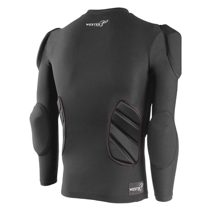 Black protective long sleeve vest with padding, back view