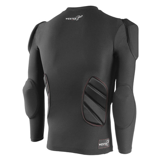 Black protective long sleeve vest with padding, back view