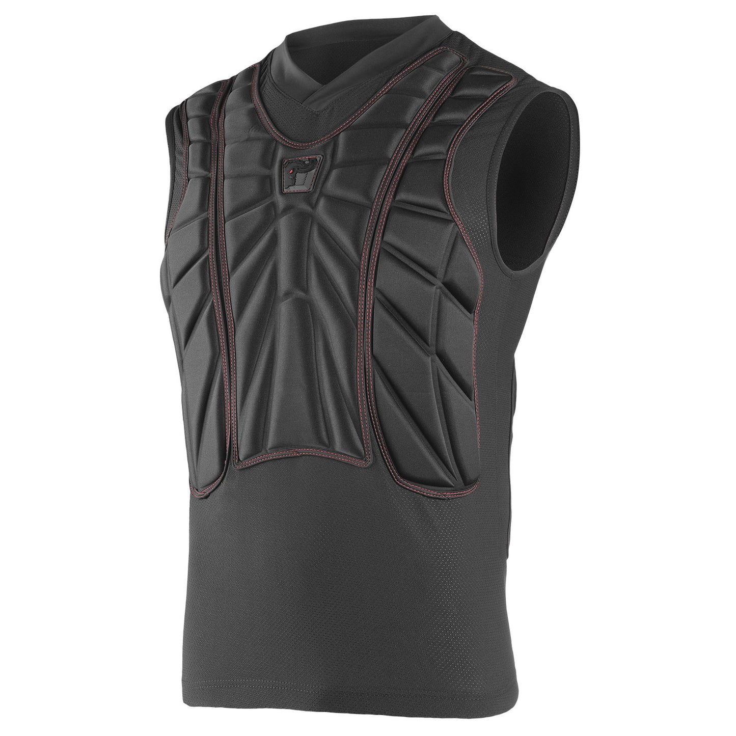 Black sleeveless padded shirt with red stitching
