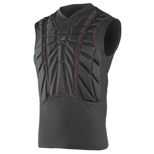 Black sleeveless padded shirt with red stitching