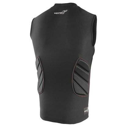 Black sleeveless padded shirt with red stitching, back view