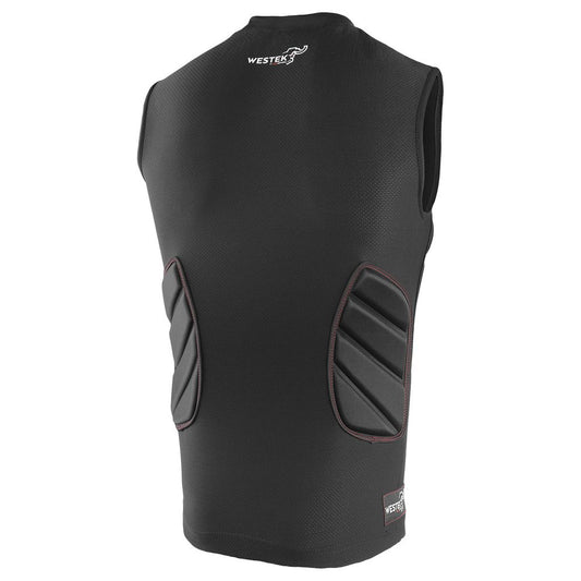 Black sleeveless padded shirt with red stitching, back view