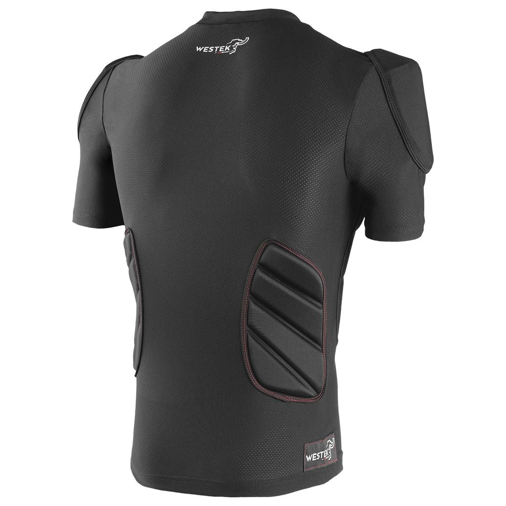 Black protective vest with shoulder pads, back view