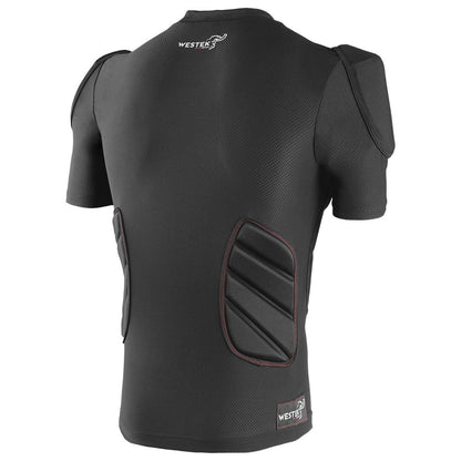Black protective vest with shoulder pads, back view