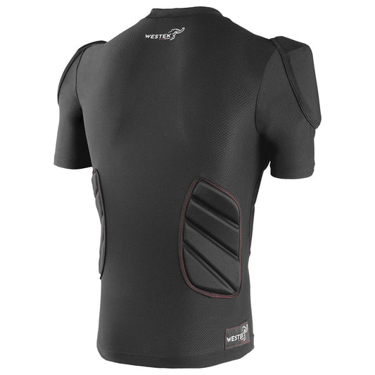 Black protective vest with shoulder pads, back view