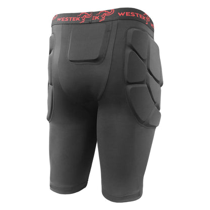 Black protective shorts with Westek branding, back view
