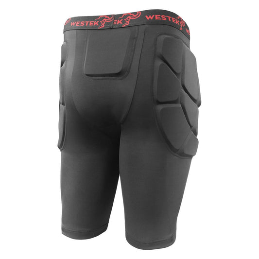 Black protective shorts with Westek branding, back view