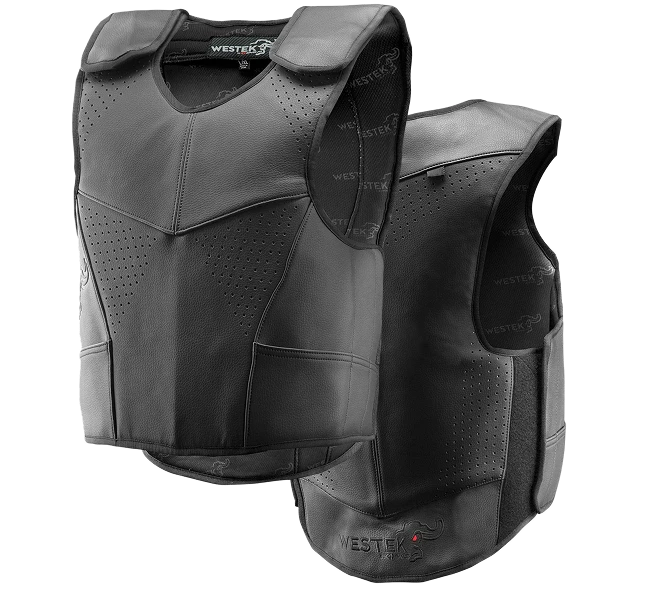 Black protective vest with 'Westex' branding on a white background